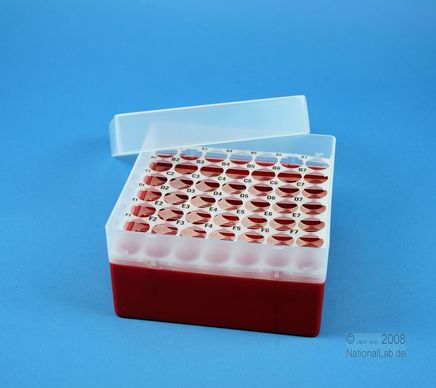 Kunststoffboxen EPPi Box, 70mm, rot, mit aufliegendem Deckel, mit 7x7 Kreisloechern, mit numerischer Innencodierung